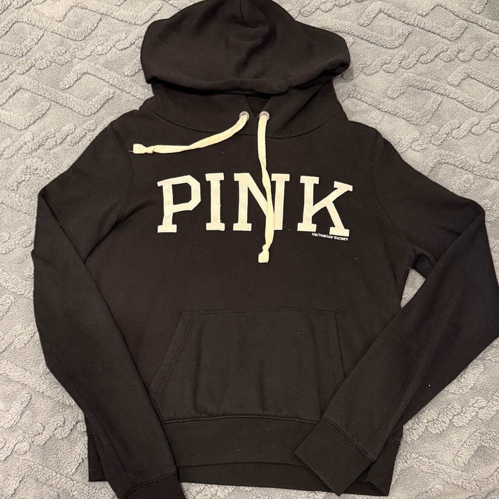 PINK Victoria's Secret Black iconic logo hoodie- size S/P